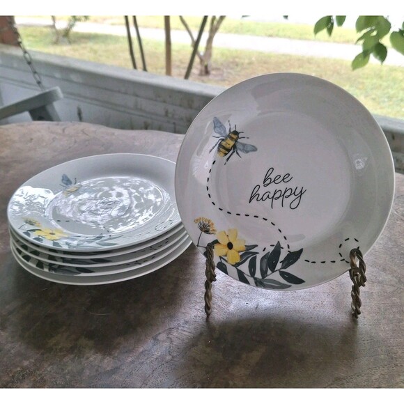 6 Royal Norfolk Bee Happy Luncheon Salad Dessert Plates 7.5" Yellow Floral Bees - Picture 1 of 4